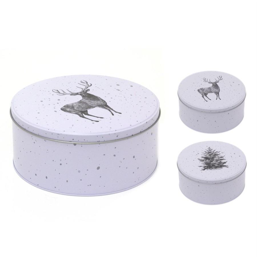 Celebrations Carousel Shop | White Round Christmas Storage Tin | Festive Cookie Tin Fairy Cake Baking Tin