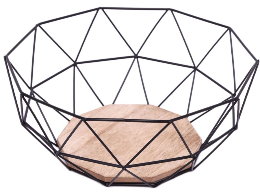 Kitchen & Dining Carousel Shop | Geometric Design Black Wire Fruit Bread Basket Bowl With Wooden Base