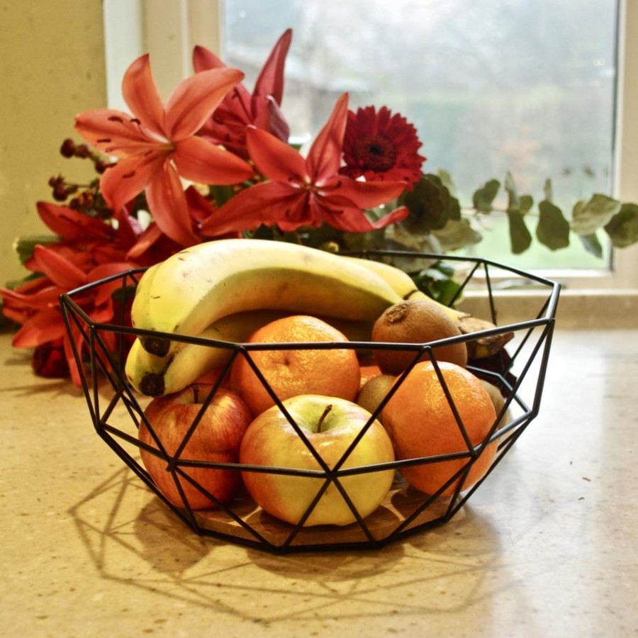 Kitchen & Dining Carousel Shop | Geometric Design Black Wire Fruit Bread Basket Bowl With Wooden Base