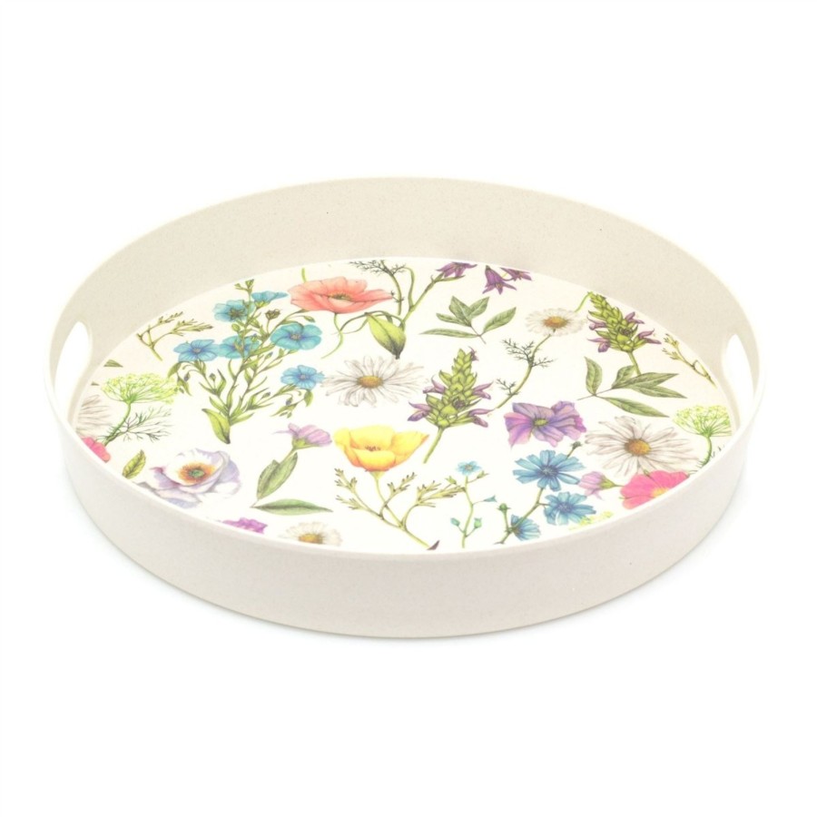 Kitchen & Dining Carousel Shop | 30Cm Round Floral Serving Tray | Drinks Tray With Handles | Kitchen Tea Coffee Tray Snack Trays