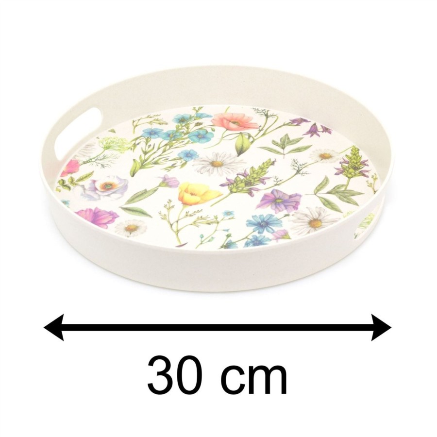 Kitchen & Dining Carousel Shop | 30Cm Round Floral Serving Tray | Drinks Tray With Handles | Kitchen Tea Coffee Tray Snack Trays