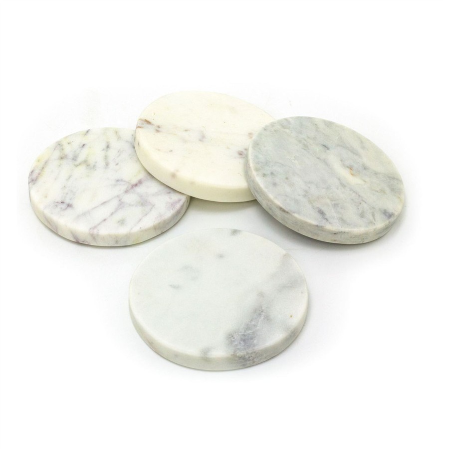 Kitchen & Dining Carousel Shop | Set Of 4 White Marble Coasters | 4 Piece Round Natural Stone Marble Coaster Set