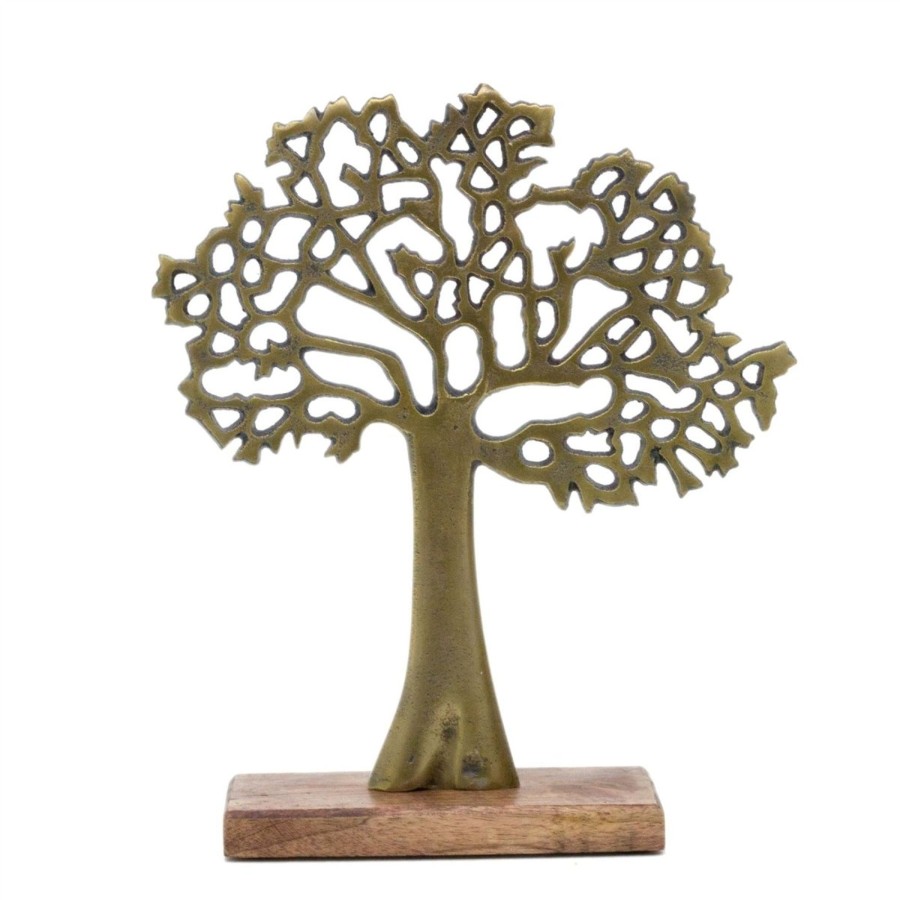 Home Accessories Carousel Shop Decorative Accessories | Elegant Gold Tone Tree Of Life Sculpture | Aluminium Tree Ornament Jewellery Stand | Gold Metal Tree Decorative Ornament On Wooden Base