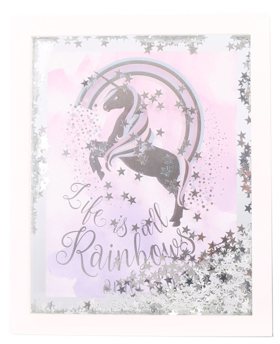 Baby & Child Carousel Shop Room Decor & Storage | White Wooden Silver Star Confetti Unicorn Quote Decorative Frame Plaque ~ Life Is All Rainbows And Unicorns