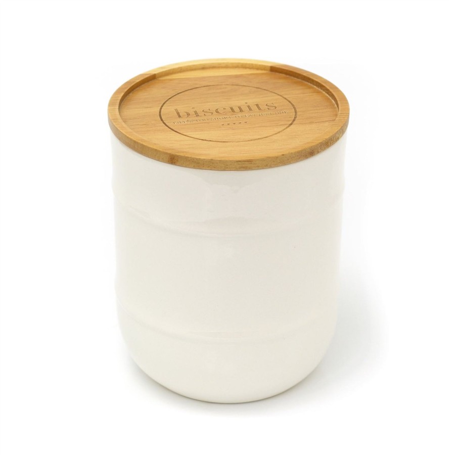 Kitchen & Dining Carousel Shop | White Ceramic Airtight Biscuit Tin With Lid | Biscuit Barrel With Wooden Lid