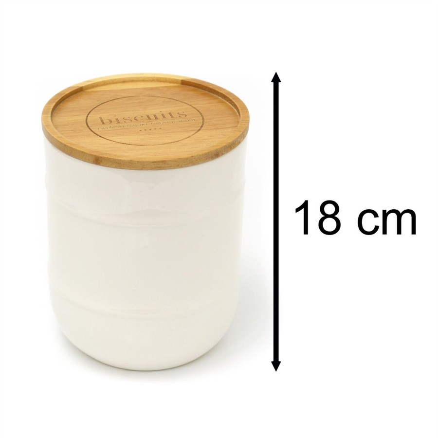 Kitchen & Dining Carousel Shop | White Ceramic Airtight Biscuit Tin With Lid | Biscuit Barrel With Wooden Lid