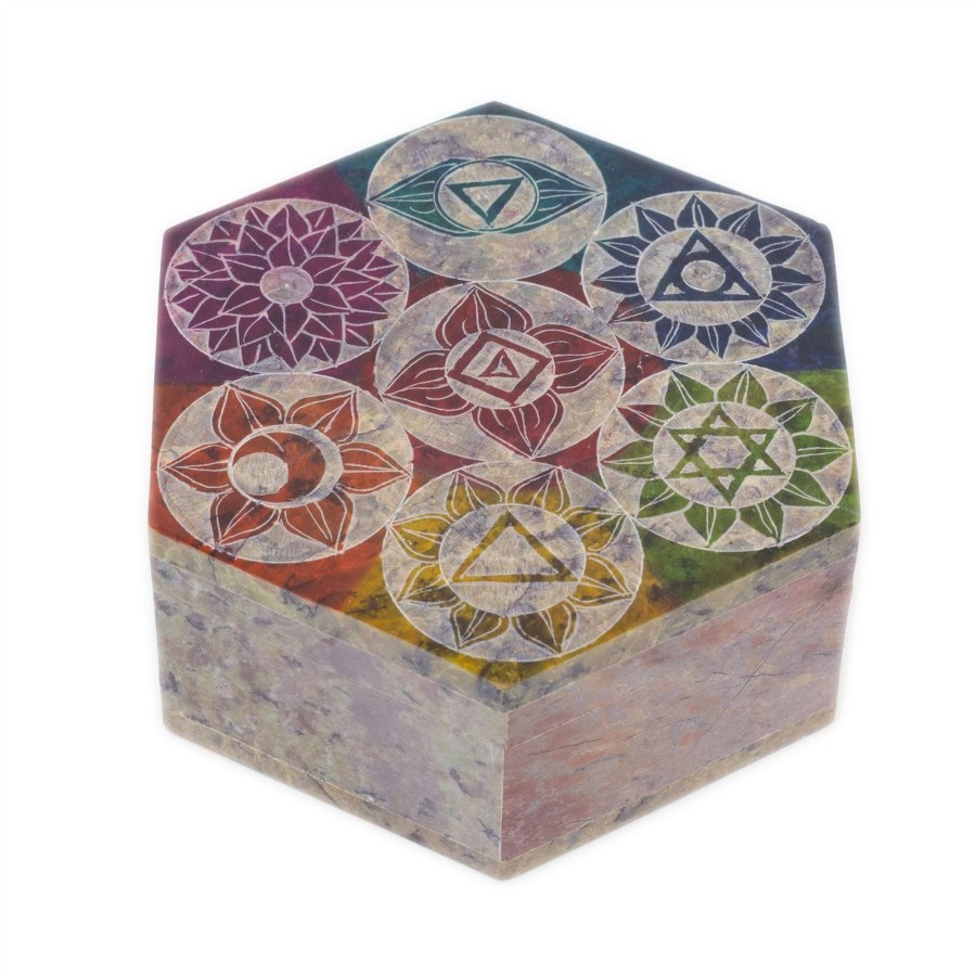 Home Accessories Carousel Shop Boxes & Baskets | Soapstone Box Carved Chakra Trinket Box | Multi Chakra Symbol Hexagonal Jewellery Box | Handcrafted Chakra Keepsake Box Decorative Storage Box