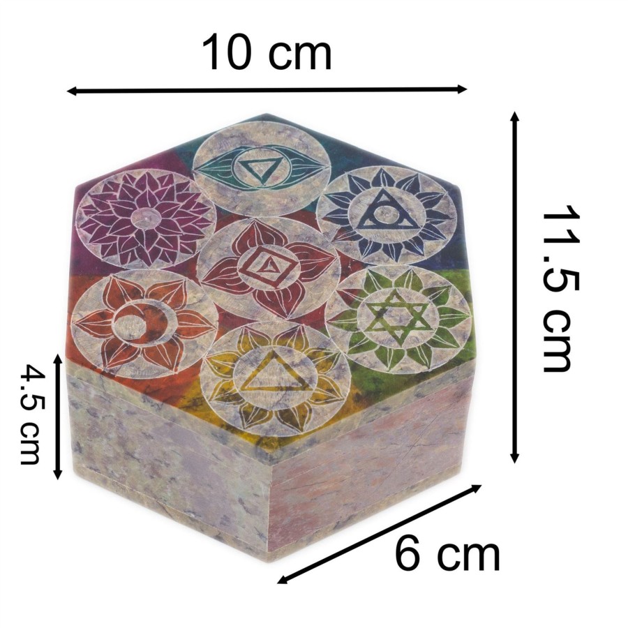 Home Accessories Carousel Shop Boxes & Baskets | Soapstone Box Carved Chakra Trinket Box | Multi Chakra Symbol Hexagonal Jewellery Box | Handcrafted Chakra Keepsake Box Decorative Storage Box