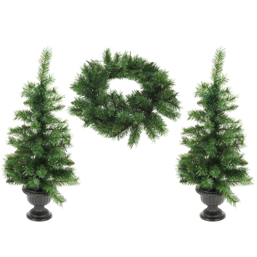 Celebrations Carousel Shop | 3 Piece Christmas Door Decoration 3Ft Outdoor Pre Lit Christmas Tree Wreath Set | Porch Led Christmas Tree And Door Wreath | Outdoor Christmas Decorations