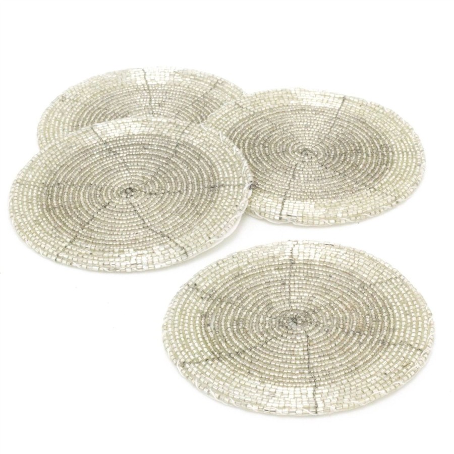 Kitchen & Dining Carousel Shop | Set Of 4 Silver Glass Coasters | Chic Beaded Drinks Coaster Set | Round Cup Mug Glass Table Mats