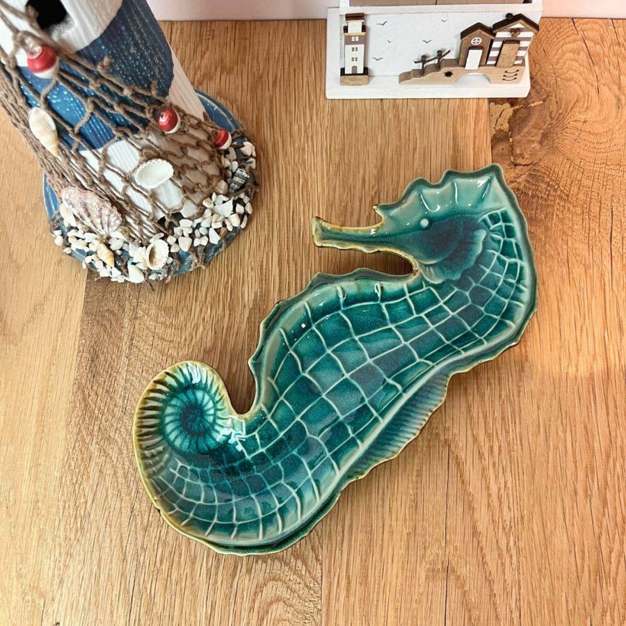 Home Accessories Carousel Shop Decorative Accessories | Teal Ombre Ceramic Seahorse Trinket Dish | Nautical Jewellery Dish Trinket Tray