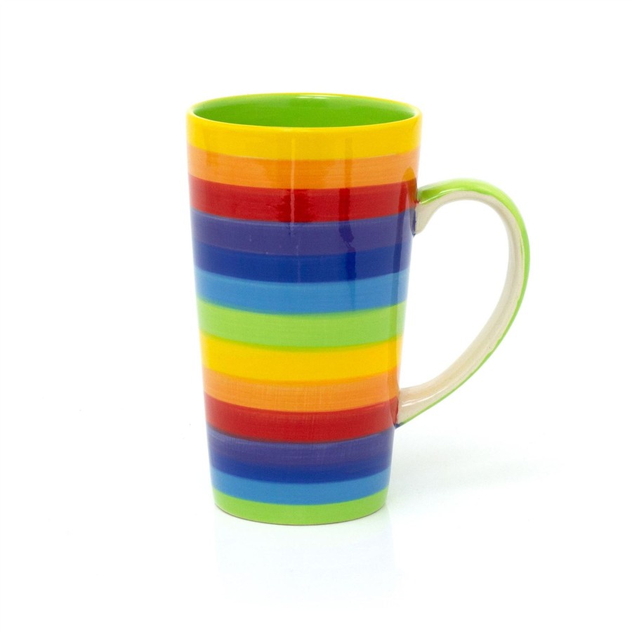 Kitchen & Dining Carousel Shop | Hand Painted Rainbow Stripe Ceramic Tall Latte Coffee Mug | Large Multi Coloured Tea Cup | Stripped Hot Drinks Mug Coffee Cup