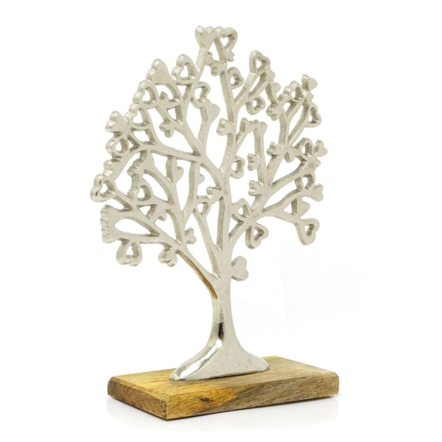 Home Accessories Carousel Shop Decorative Accessories | Small Elegant Silver Metal Tree Of Love Ornament On Mango Wood Base - 26.5Cm