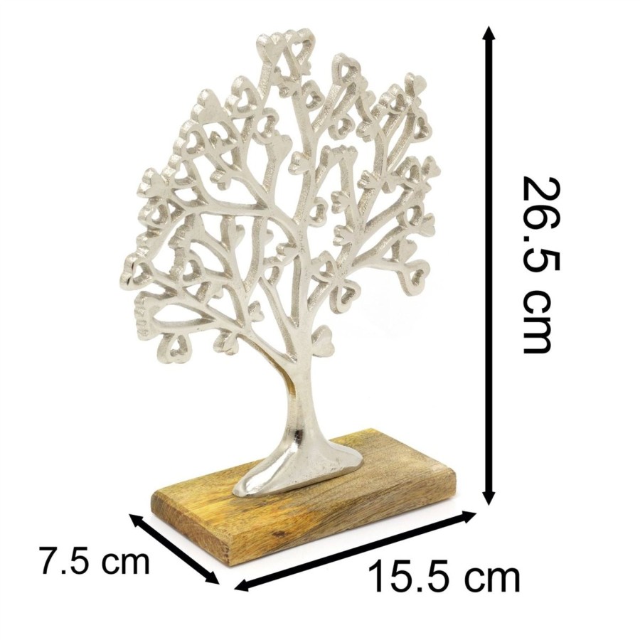 Home Accessories Carousel Shop Decorative Accessories | Small Elegant Silver Metal Tree Of Love Ornament On Mango Wood Base - 26.5Cm