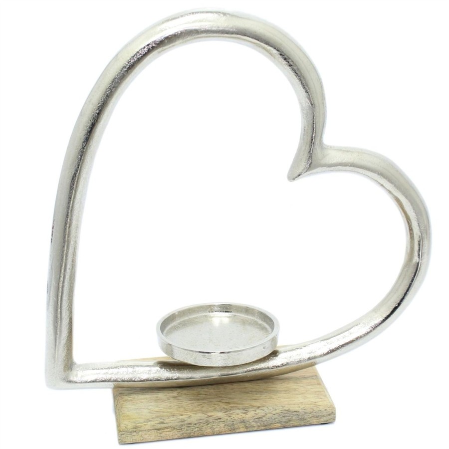 Home Accessories Carousel Shop Candlesticks, Holders & Lanterns | Elegant Silver Metal Heart Tea Light Holder - Love Tealight Candle Ornament On Wooden Base