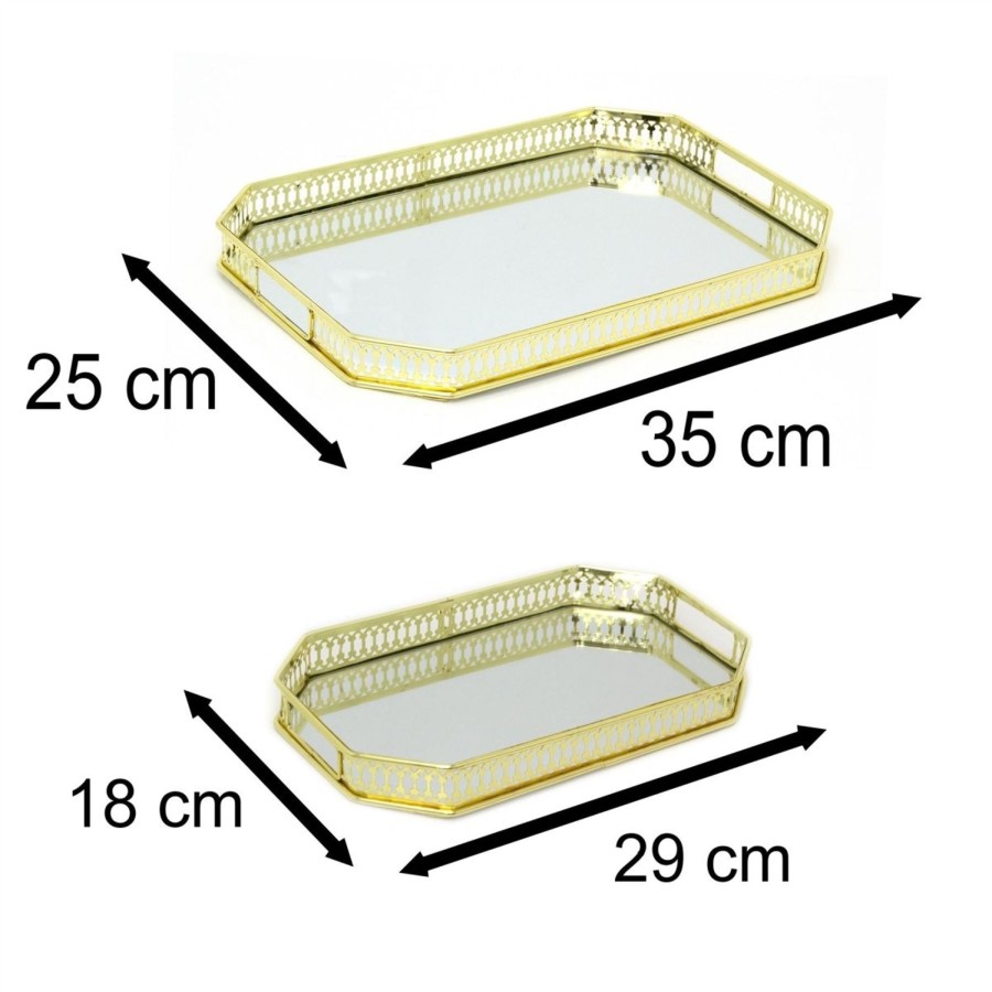 Home Accessories Carousel Shop Candle Plates | Set Of 2 Gold Metal Mirror Trays Glass Candle Plate Stand | 2 Piece Rectangle Mirror Glass Decorative Trays | Mirrored Candle Tray Vanity Perfume Tray