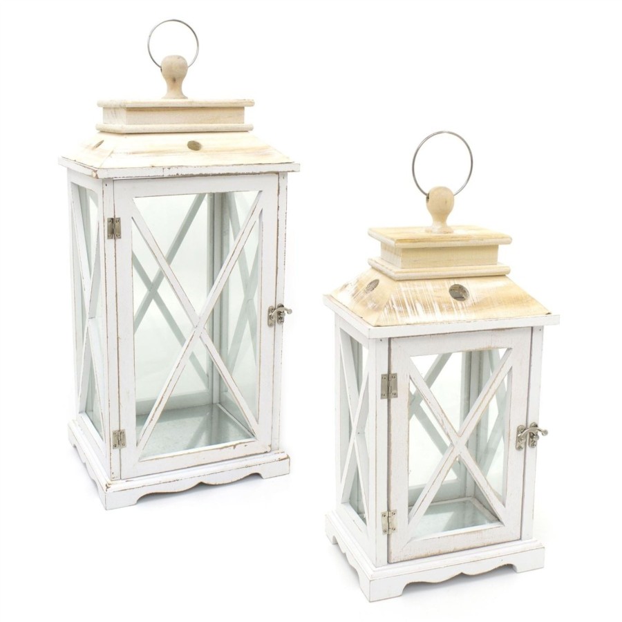 Home Accessories Carousel Shop Candlesticks, Holders & Lanterns | Set Of 2 White Washed Wooden Lanterns | Distressed Wood Hurricane Lantern Candle Holders For Home Garden Patio