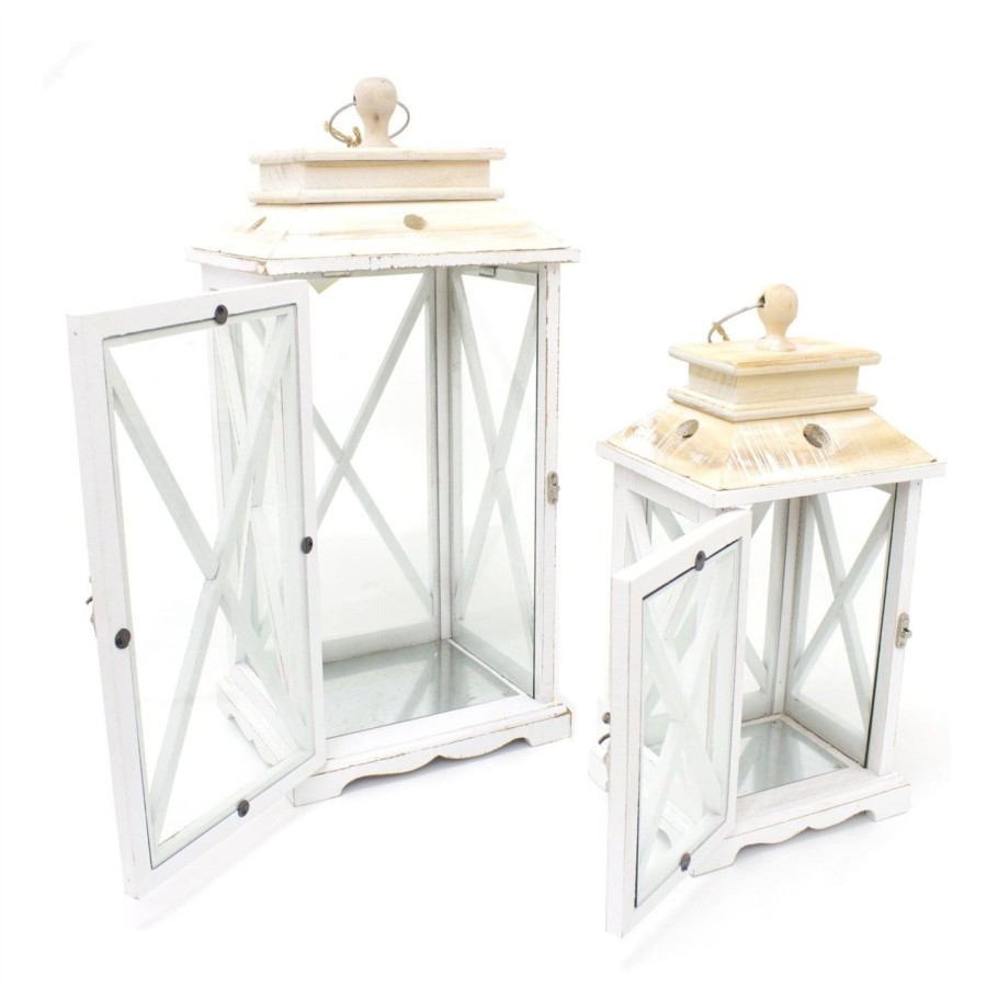 Home Accessories Carousel Shop Candlesticks, Holders & Lanterns | Set Of 2 White Washed Wooden Lanterns | Distressed Wood Hurricane Lantern Candle Holders For Home Garden Patio