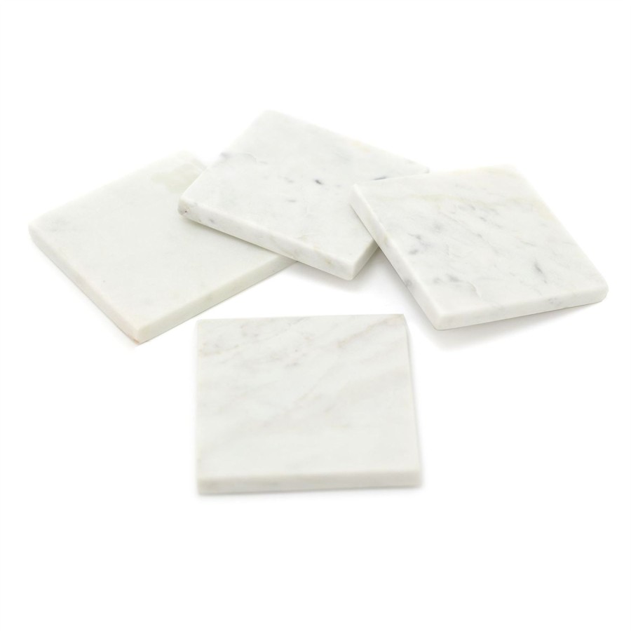 Kitchen & Dining Carousel Shop | Set Of 4 White Marble Coasters | 4 Piece Square Natural Stone Marble Coaster Set