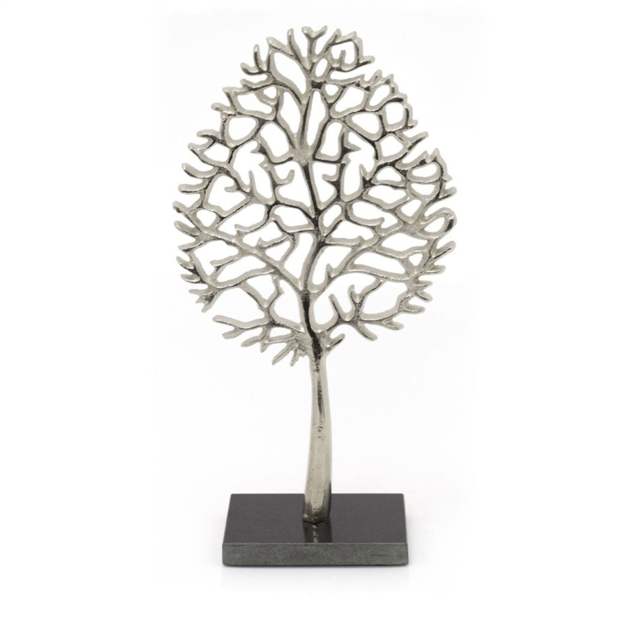 Home Accessories Carousel Shop Decorative Accessories | 34Cm Elegant Silver Tone Tree Of Life Sculpture | Silver Metal Tree Ornament On Marble Base | Silver Family Tree On Marble Stand Centerpiece