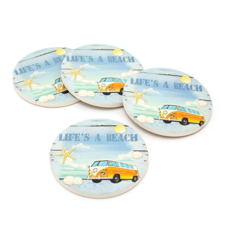 Kitchen & Dining Carousel Shop | Set Of 4 Surf Bus Design Ceramic Coasters | Nautical Drinks Coasters Set For Mugs, Glasses, Cups | Nautical Ceramic Table Mats Coaster