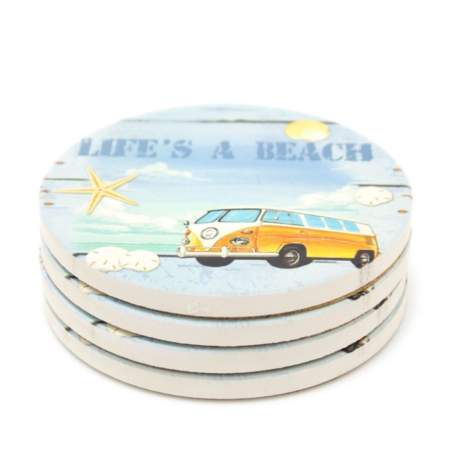 Kitchen & Dining Carousel Shop | Set Of 4 Surf Bus Design Ceramic Coasters | Nautical Drinks Coasters Set For Mugs, Glasses, Cups | Nautical Ceramic Table Mats Coaster