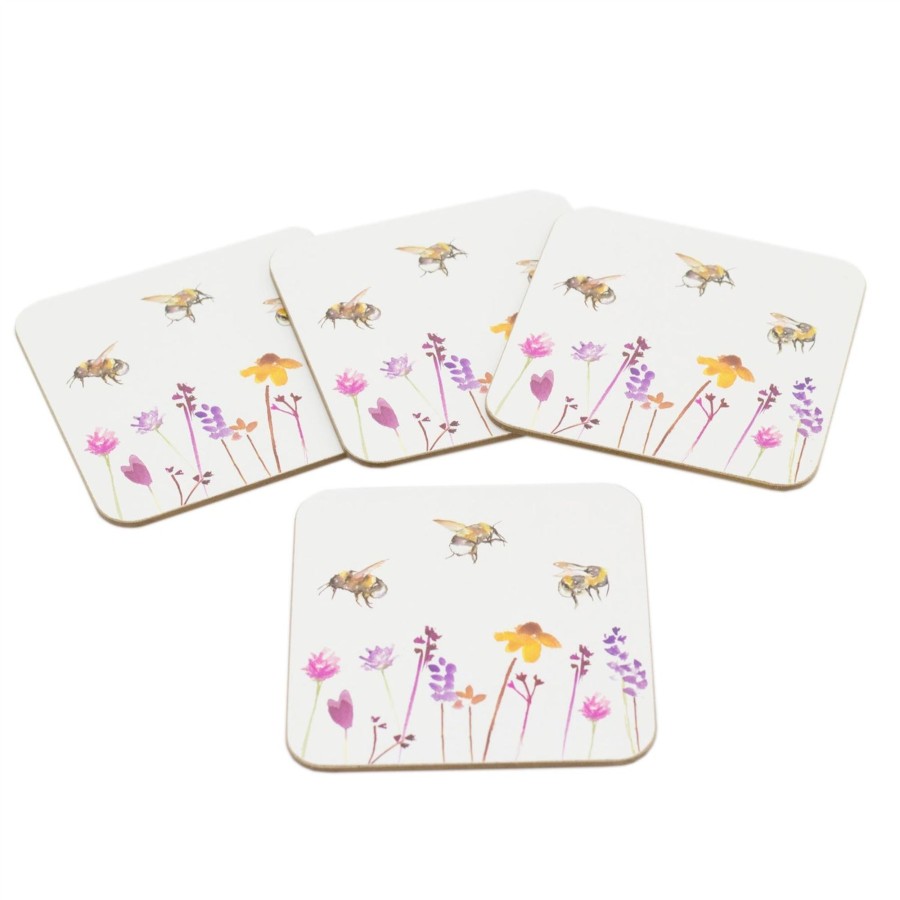 Kitchen & Dining Carousel Shop | Set Of 4 Busy Bees Floral Coasters | Honey Bee Square Coaster Set | Bumble Bee Cup Mug Table Mats