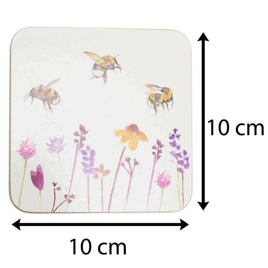 Kitchen & Dining Carousel Shop | Set Of 4 Busy Bees Floral Coasters | Honey Bee Square Coaster Set | Bumble Bee Cup Mug Table Mats