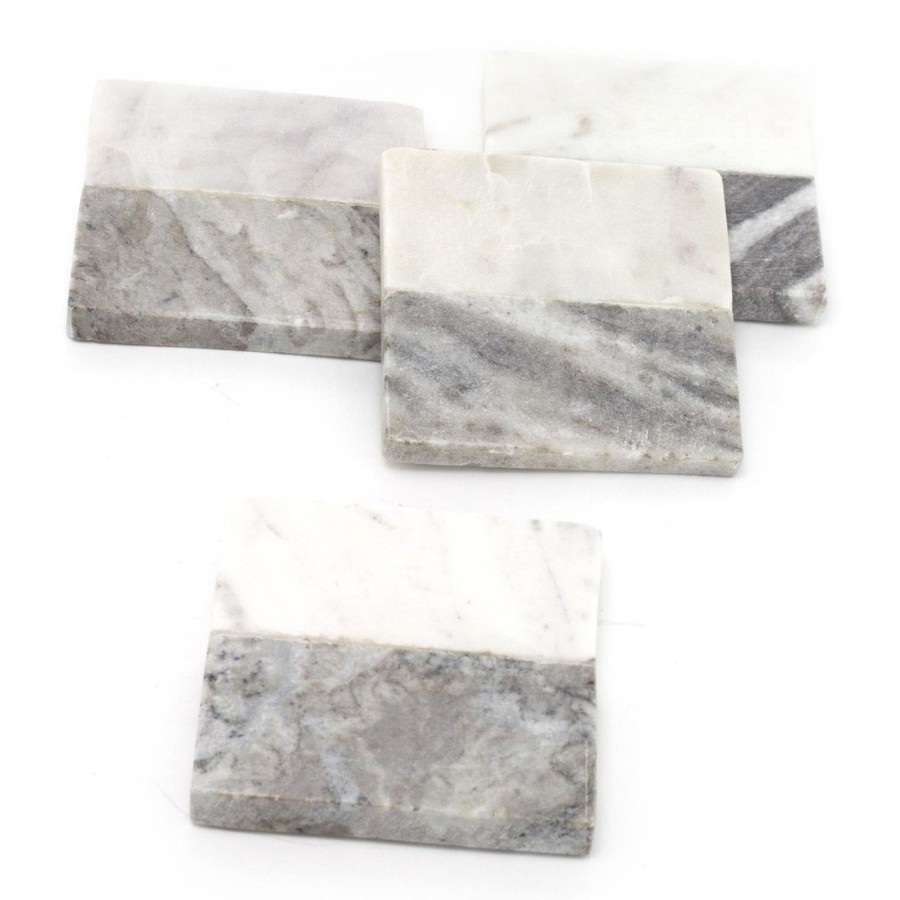 Kitchen & Dining Carousel Shop | Set Of 4 Two Tone Natural Marble Coasters For Drinks ~ Square