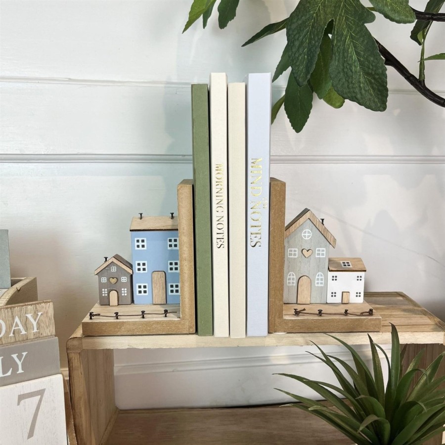 Home Accessories Carousel Shop Decorative Accessories | Pair Of Shabby Chic Wooden Houses Bookends For Shelves | Set Of 2 Shelf Book End