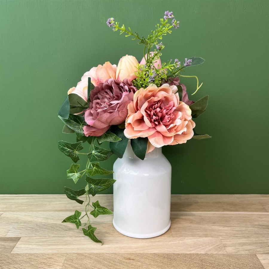 Home Accessories Carousel Shop Vases, Planters & Faux Flowers | Faux Dusky Peonies & Blooms In White Ceramic Vase | Artificial Bouquet And Vase