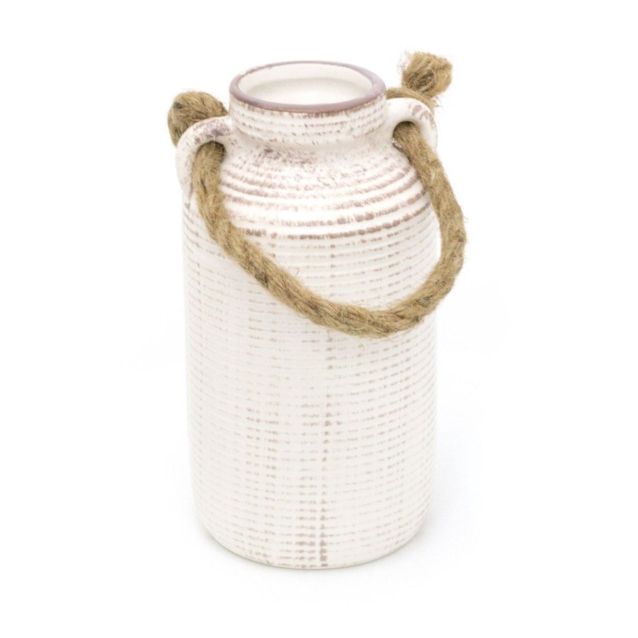 Celebrations Carousel Shop | 19Cm Vintage Style Textured White Vase Stoneware Vase | Rustic Vase Ceramic Vase Flower Vase | Stone Vase With Rope Handle