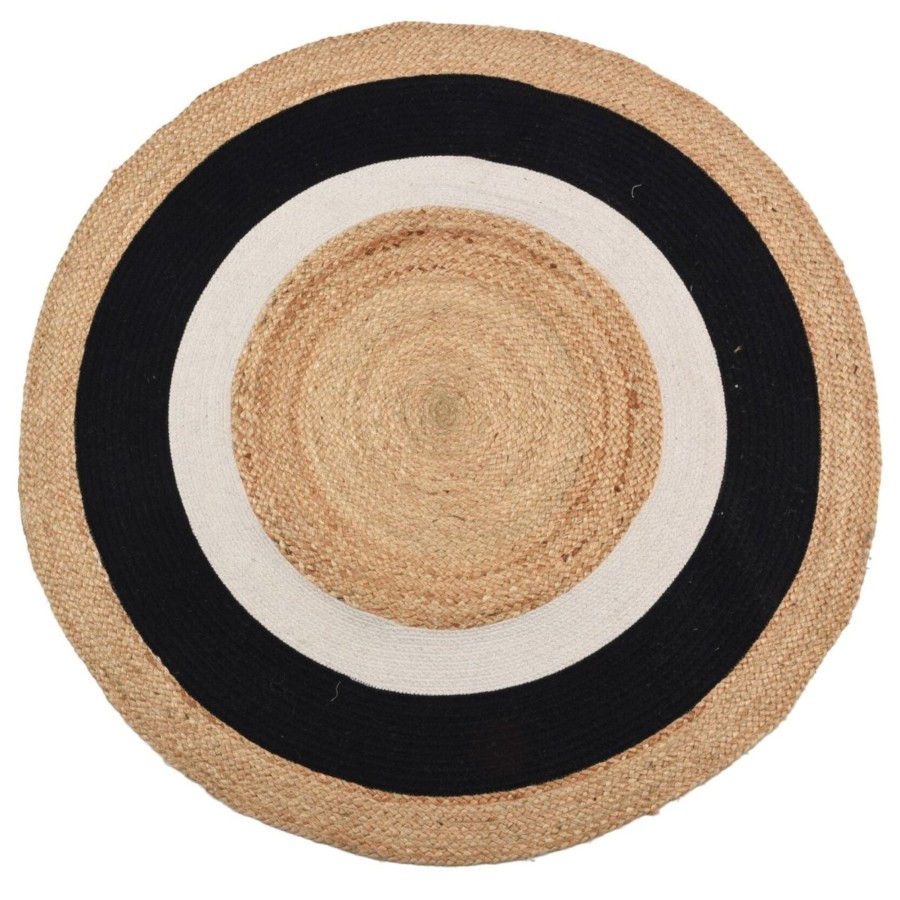 Home Accessories Carousel Shop Soft Furnishings & Rugs | Round Natural Jute Cotton Area Rug | Black & White Boho Scatter Rug - 120Cm