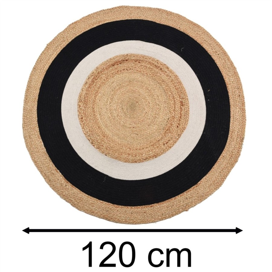 Home Accessories Carousel Shop Soft Furnishings & Rugs | Round Natural Jute Cotton Area Rug | Black & White Boho Scatter Rug - 120Cm