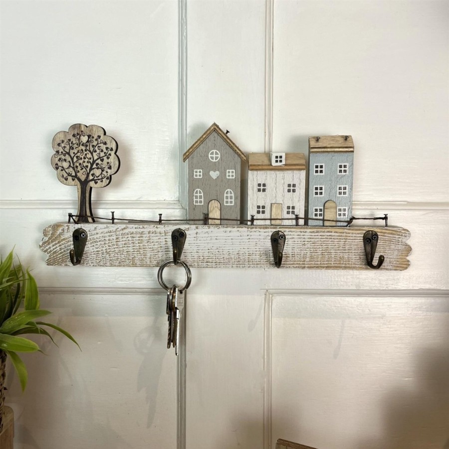 Home Accessories Carousel Shop Shelving & Hooks | 34Cm Shabby Chic House Design Wall Mounted Hanger Hooks | Street Scene Wooden Hanger Rack | Decorative 4 Peg Hooks