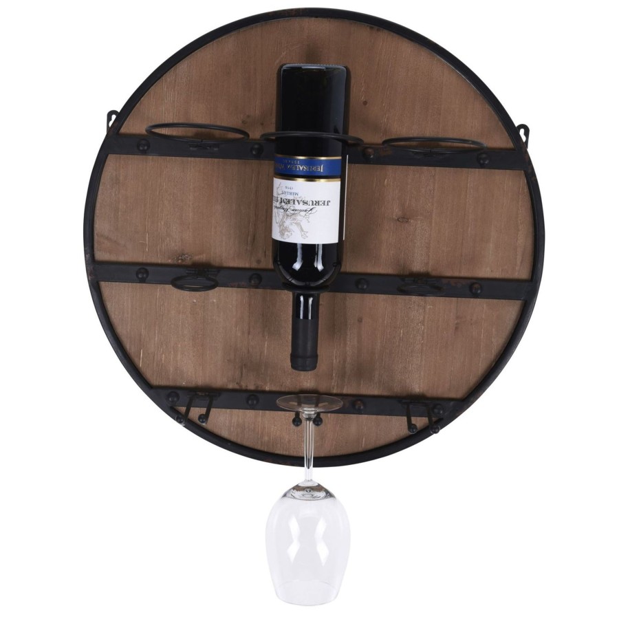 Kitchen & Dining Carousel Shop | Round Wooden Wine Bottle Holder And Glasses Storage Rack | Wall Mounted Wine Organiser | Rustic Mini Bar Kitchen Decor