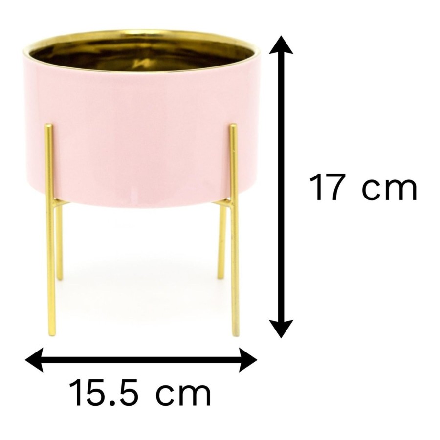 Home Accessories Carousel Shop Vases, Planters & Faux Flowers | Pink And Gold Ceramic Cache Plant Pot Planter With Stand