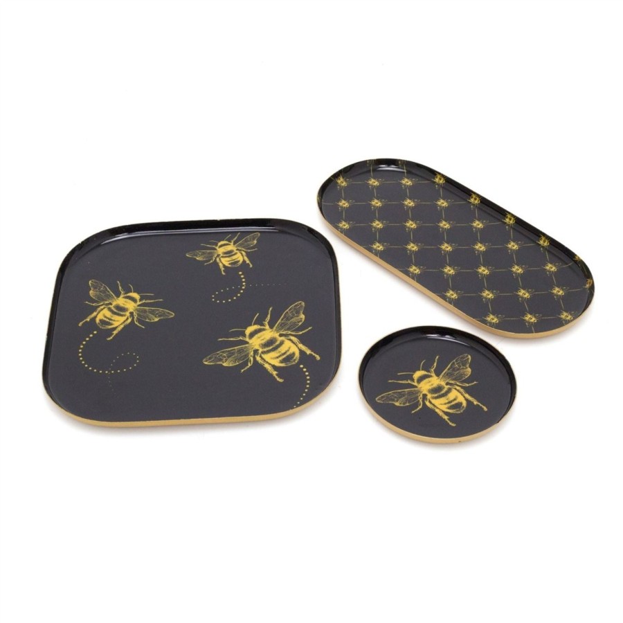 Home Accessories Carousel Shop Decorative Accessories | Set Of 3 Black And Gold Bee Display Tray Candle Trays | 3 Piece Metal Trinket Tray Jewellery Dish | Display Dish Set