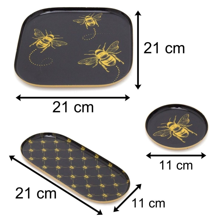 Home Accessories Carousel Shop Decorative Accessories | Set Of 3 Black And Gold Bee Display Tray Candle Trays | 3 Piece Metal Trinket Tray Jewellery Dish | Display Dish Set