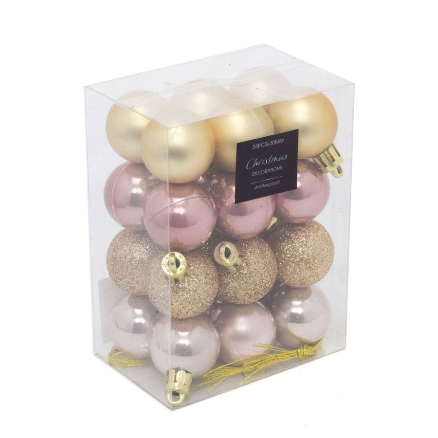 Celebrations Carousel Shop | 24 Piece Gold And Pink Mini Christmas Baubles | Christmas Tree Decorations | Gold Xmas Baubles Christmas Decor