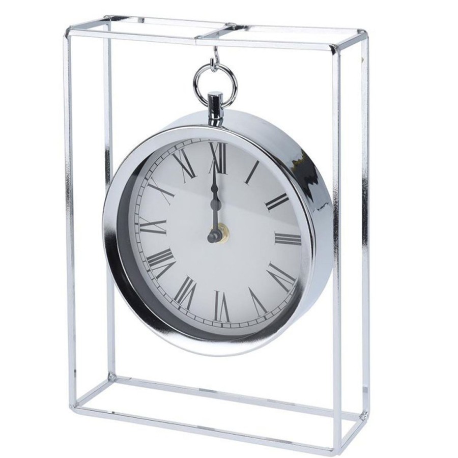 Home Accessories Carousel Shop Clocks | Silver Hanging Table Clock | Suspended Mantel Clock In Chrome Frame - 25Cm