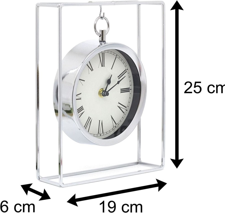 Home Accessories Carousel Shop Clocks | Silver Hanging Table Clock | Suspended Mantel Clock In Chrome Frame - 25Cm