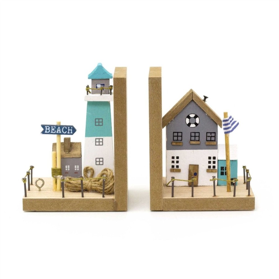 Home Accessories Carousel Shop Decorative Accessories | Seashore Coastal Cottages & Lighthouse Nautical Bookends Pair Of Wooden Bookends