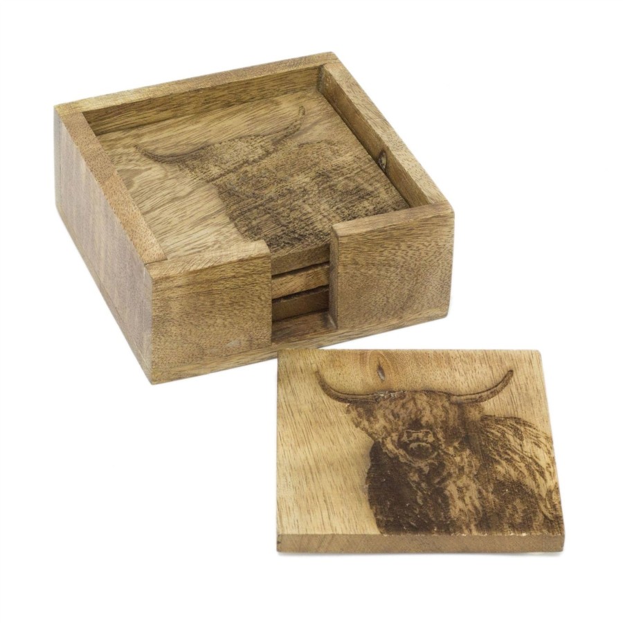 Kitchen & Dining Carousel Shop | Set Of 4 Mango Wood Highland Cow Coasters | 4 Piece Rustic Coasters With Holder Cup Mug Table Mats | Wooden Square Drinks Coaster Set