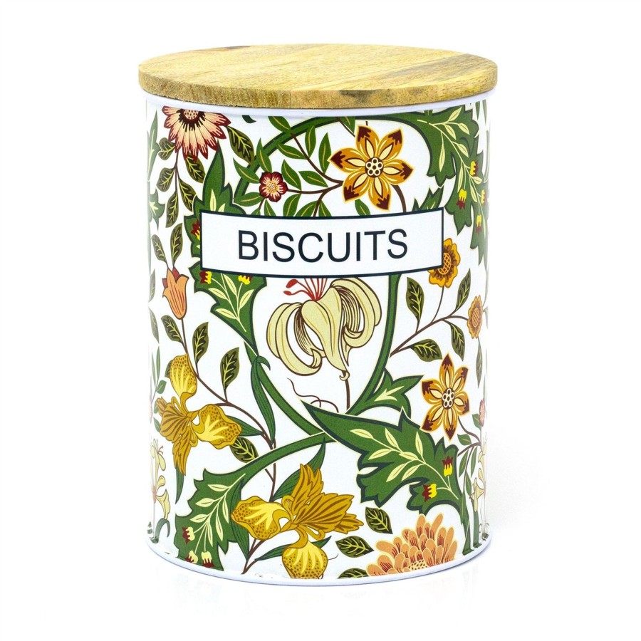 Kitchen & Dining Carousel Shop | Retro Style Floral Airtight Biscuit Tin With Lid | Botanical Biscuit Barrel With Wooden Lid Metal Cookie Jar | Round Vintage Biscuit Storage Canister With Lid