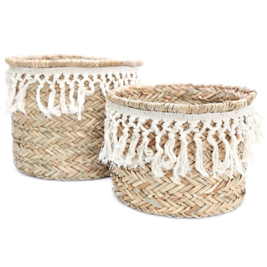 Home Accessories Carousel Shop Boxes & Baskets | Stunning Set Of 2 Woven Grass Baskets With Tassels ~ Home Storage Baskets