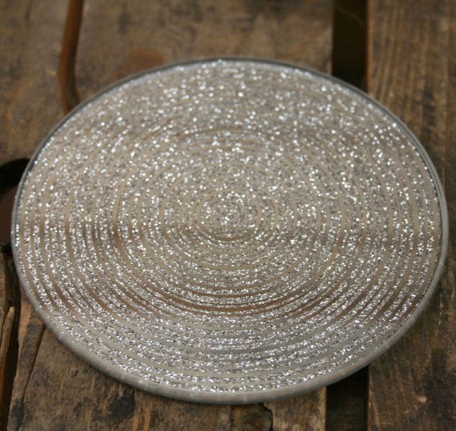 Kitchen & Dining Carousel Shop | Metallic Silver Glitter Glass Candle Plate Holder Coaster