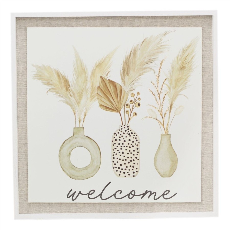 Home Accessories Carousel Shop Wall Decor & Mirrors | 40Cm White Wooden Welcome Sign House Plaque | Botanical Pampas Grass Large Decorative Welcome Plaque | Shabby Chic Home Accessories