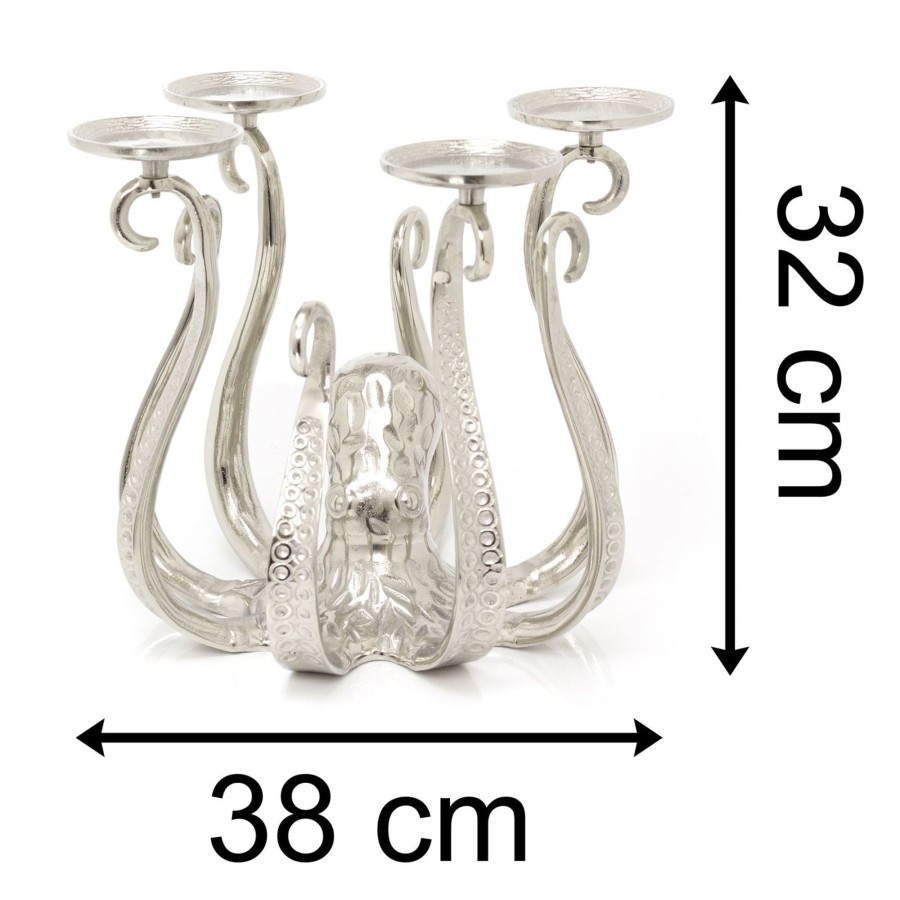 Home Accessories Carousel Shop Decorative Accessories | Unique Extra Large Octopus Candle Holder | Silver Metal Octopus Candelabra | Octopus Candlestick 4 Pillar Candle Holder