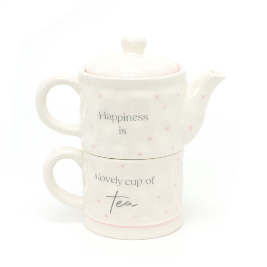 Kitchen & Dining Carousel Shop | Tea For One Tea Set | Happiness Is A Lovely Cup Of Tea Nesting Teapot And Cup | Shabby Chic Stacking Tea Set